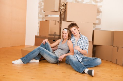 Office relocation equipment and boxed items for a business move