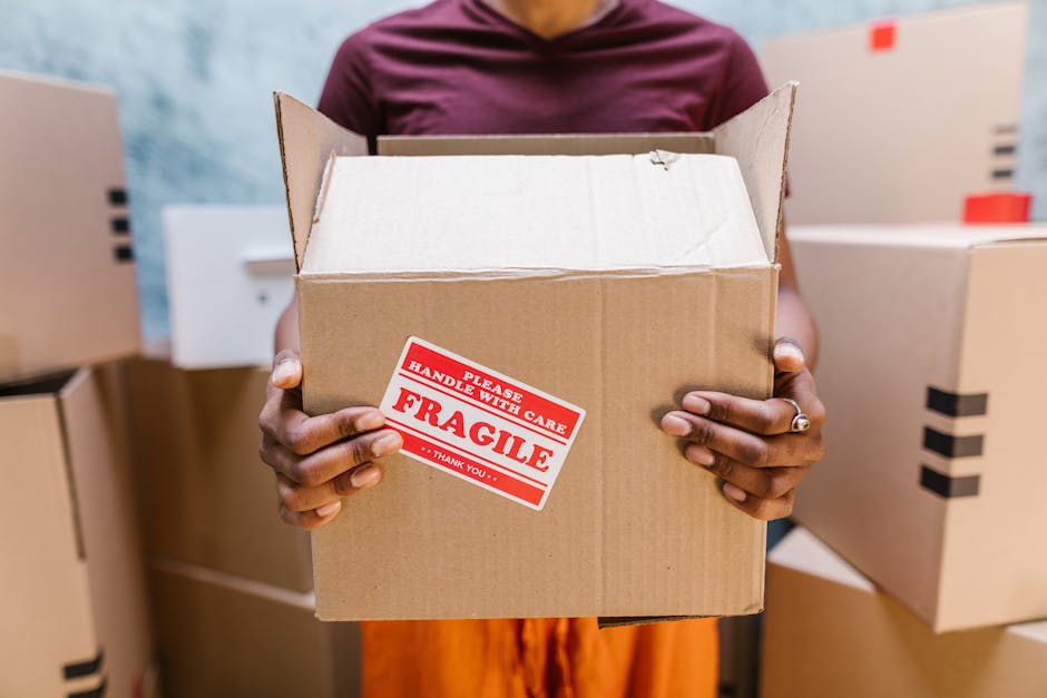 A man with curly hair and a beard, wearing a blue t-shirt and dark trousers, is sitting on the floor inside a room with wooden flooring and large arched windows that let in natural light. He is surrounded by several cardboard boxes, some sealed with red packing tape, indicating they are packed for a house move. The boxes are stacked to his left and behind him, suggesting he is in the process of packing or unpacking during a house relocation. The room contains a tall potted plant with broad green leaves inside a black pot positioned next to the window on his right. Outside the windows, a street scene with parked cars and multi-storey buildings is visible, hinting at an urban setting. This scene likely depicts a break during a furniture transport or home moving process, illustrating elements of packing, loading, and logistics typical of a professional removals service by [COMPANY_NAME]. The overall environment and scene are professionally staged with natural lighting, emphasizing the interior space involved in house removals and packing and moving activities.