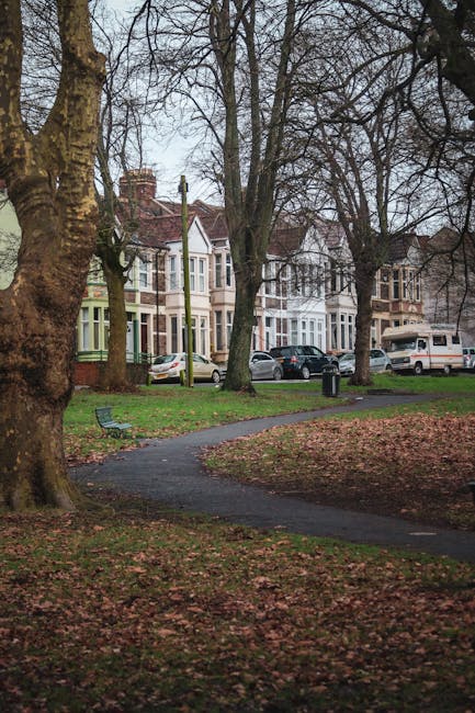 A residential scene during autumn featuring a large tree with a sturdy trunk and branches extending outward, covered in yellow and orange leaves. The ground beneath the tree is layered with fallen lea