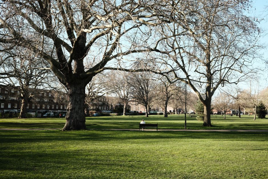 A large park scene with several leafless trees spread across a grassy area, indicating late autumn or winter. In the middle ground, a person in a light-colored jacket is sitting on a park bench, facing away from the camera. To the left of the person, a wheelbarrow or trolley is partly visible, likely used for moving boxes or furniture during a home relocation process. Behind the park, a row of residential buildings with multiple stories and windows lines the background, partially obscured by the trees. Light posts are evenly spaced along the pathways, and the sky above is clear with a pale blue hue. The scene is illuminated by natural daylight, with shadows cast on the grass, suggesting a calm day suitable for packing, loading, and transport activities associated with furniture transport or house removals. The environment overall reflects a peaceful setting where moving or logistics may take place nearby, supporting the services offered by Man with Van Grange Park.