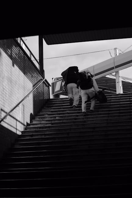 Two movers from Man with Van Grange Park are ascending a set of outdoor stairs at a railway station or transit area, both carrying large black backpacks and holding a piece of furniture, possibly a sofa or similar item, wrapped in plastic or fabric to protect it during the loading process. The stairs are made of dark material with a metal handrail on one side, leading up to a covered platform with a modern, open structure featuring metal pillars and a roof. The environment is well-lit with natural daylight, and the movers appear to be engaged in a home relocation or furniture transport task as part of a house removals service, focusing on safely navigating the stairs while moving bulky items. The scene reflects a typical moving logistics phase within a packing and loading process, supported by the professional team at Man with Van Grange Park.