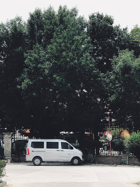 A yellow and white Volkswagen van parked in a designated parking area near a commercial building, with several other vehicles visible on either side. The van is positioned facing the camera, showing its front grille, windshield, and headlights, with a few decorative items hanging from the interior rearview mirror. The surrounding environment includes a brick building on the right, overhead electrical wires, and green trees in the background. The parking space appears to be used for home relocation or furniture transport, as part of the loading process managed by Man with Van Grange Park. The scene is outdoors during daylight, with natural lighting illuminating the vehicles and nearby pavement, indicating an area suitable for van-based removals and moving services near Grange Park Station.